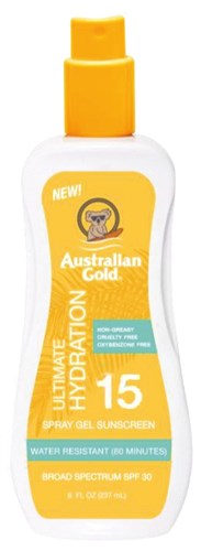 Australian Gold Spf#15 Spray Gel Ultimate Hydration 8oz (12195)<br><br><span style="color:#FF0101"><b>12 or More=Unit Price $7.80</b></span style><br>Case Pack Info: 6 Units