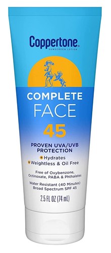 Coppertone Spf#45 Complete Face Lotion Tube 2.5oz (18410)<br><br><span style="color:#FF0101"><b>6 or More=Unit Price $8.30</b></span style><br>Case Pack Info: 12 Units