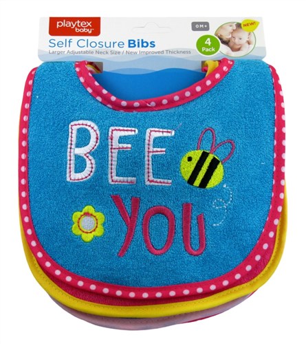 Playtex Baby Self Closure Bibs 4 Pack 0+ Months Girls (23047)<br><br><br>Case Pack Info: 72 Units