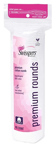 Swisspers Cotton Rounds Premium 80 Count 100% Cotton (48279)<br><br><span style="color:#FF0101"><b>12 or More=Unit Price $2.73</b></span style><br>Case Pack Info: 24 Units