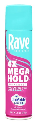 Rave 4X Mega Hold Hairspray Unscented 11oz Aerosol (48798)<br><br><span style="color:#FF0101"><b>12 or More=Unit Price $2.88</b></span style><br>Case Pack Info: 12 Units