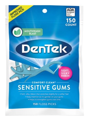 Dentek Floss Picks Comfort Clean Sensitive Gums 150 Count (51168)<br><br><span style="color:#FF0101"><b>12 or More=Unit Price $4.28</b></span style><br>Case Pack Info: 30 Units