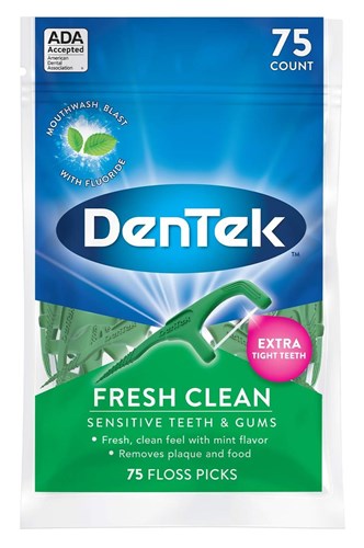 Dentek Floss Picks Fresh Clean Sensitive Teeth/Gums 75 Count (51169)<br><br><span style="color:#FF0101"><b>12 or More=Unit Price $3.00</b></span style><br>Case Pack Info: 36 Units