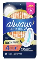 Always Pads Size 4 Ultra Thin 26 Count Overnight (51512)<br><br><br>Case Pack Info: 3 Units