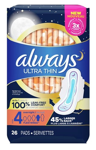 Always Pads Size 4 Ultra Thin 26 Count Overnight (51512)<br><br><br>Case Pack Info: 3 Units