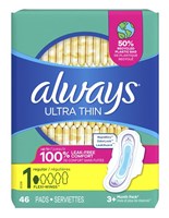 Always Pads Size 1 Ultra Thin 46 Count Regular (51544)<br><br><br>Case Pack Info: 6 Units