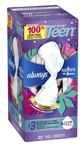 Always Pads Size 3 Teen Radiant 20 Count Extra Heavy (51549)<br><br><br>Case Pack Info: 3 Units