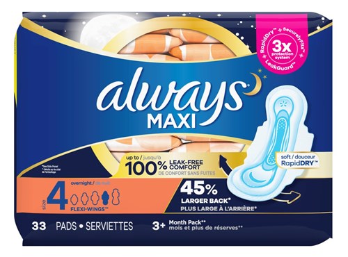 Always Pads Size 4 Maxi 33 Count Overnight (51596)<br><br><br>Case Pack Info: 6 Units