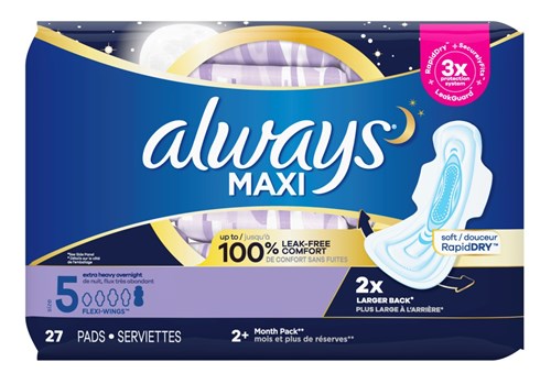 Always Pads Size 5 Maxi 27 Count Extra Heavy Overnight (51597)<br><br><br>Case Pack Info: 6 Units