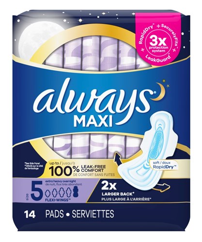 Always Pads Size 5 Maxi 14 Count Extra Heavy Overnight (51598)<br><br><br>Case Pack Info: 3 Units