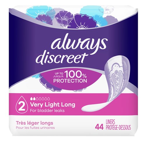 Always Discreet Liners #2 Very Light Long 44 Count (52671)<br><br><br>Case Pack Info: 3 Units