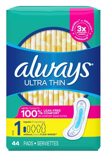 Always Pads Size 1 Ultra Thin 44 Count Regular (52672)<br><br><br>Case Pack Info: 3 Units