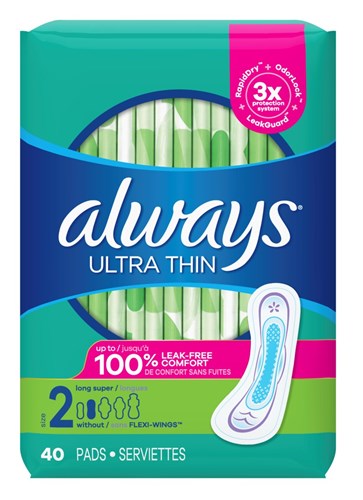 Always Pads Size 2 Ultra Thin 40 Count Long Super (52673)<br><br><br>Case Pack Info: 3 Units