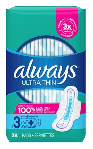Always Pads Size 3 Ultra Thin 28 Count Extra Long Super (52674)<br><br><br>Case Pack Info: 3 Units