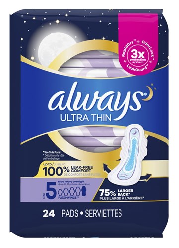 Always Pads Size 5 Ultra Thin 24 Count Extra Heavy Overnight (52675)<br><br><br>Case Pack Info: 3 Units