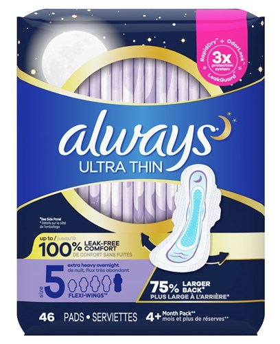 Always Pads Size 5 Ultra Thin 46 Count Extra Heavy Overnight (52682)<br><br><br>Case Pack Info: 2 Units