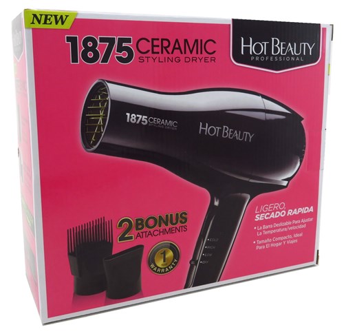 Hot Beauty Dryer 1875 Watt With 2 Attachments (60048)<br><br><span style="color:#FF0101"><b>3 or More=Unit Price $13.22</b></span style><br>Case Pack Info: 12 Units