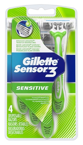 Gillette Mens Sensor 3 Razor Sensitive Disposable 4 Count (99165)<br><br><br>Case Pack Info: 12 Units