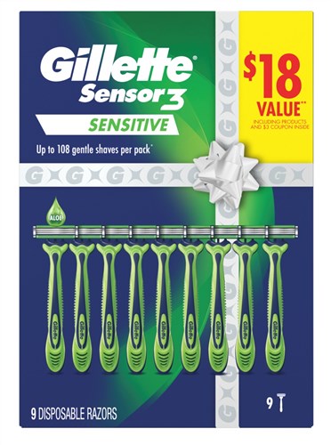 Gillette Mens Sensor 3 Razor Disposable 9 Count Sensitive (99194)<br><br><br>Case Pack Info: 6 Units