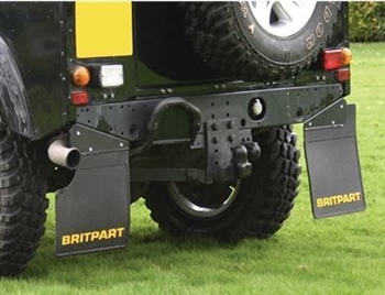 DA4531 - Pair of Fits Defender 90 Mudflaps - Britpart Complete with Bracket and Exhaust Cut Out - Comes with Britpart Logo in Yellow