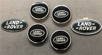 LRC1350 - Brand New Green and Silver Land Rover Badge Kit - Front and Rear Badge and 4 x Wheel Caps for Range Rover and Land Rover Vehicles