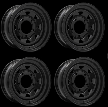 LRC1433 - Set of Four Steel Eight Spoke Wheel in Black - 16" x 7" - Will Fit For Defender, Discovery 1 and Range Rover Classic