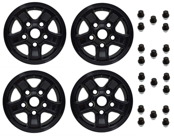 LRC1474 - Set of Four Gloss Black Boost Alloy Wheels with Wheel Caps & 20 Black Wheel Nuts - 16 x 7 - For Defender, Discovery 1 & Range Rover Classic