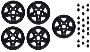 LRC1476 - Set of Five Gloss Black Boost Alloy Wheels with Wheel Caps & 23 Black Wheel Nuts - 16 x 7 - For Defender, Discovery 1 & Range Rover Classic