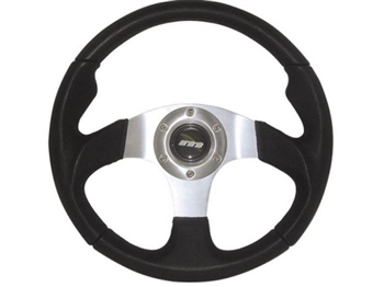 M34M3PS - Fits Defender Moulded Steering Wheel By Mountney - 340mm with Ergonomic Grip in Black with Silver Centre - Available in Vinyl or Leather