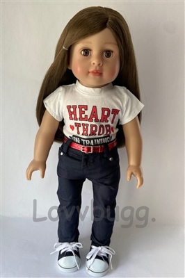 Message T Shirt Heart Throb with Black Jeans and Belt for 18 inch American Girl Doll Clothes