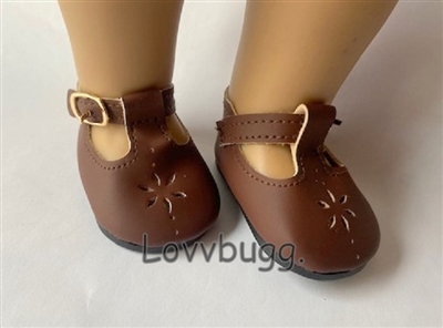 Medium Brown T Strap Mary Janes with Flower Doll Shoes