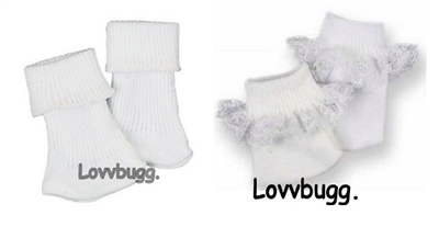 2 Pairs White Socks With and Without Lace for American Girl 18 inch or Baby Doll Clothes Accessory