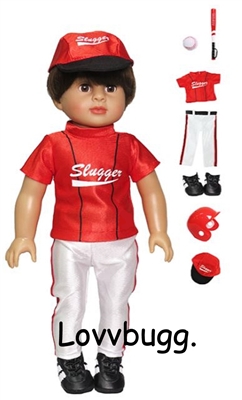 Red Baseball Uniform for American Girl or Boy 18 inch with Helmet and Accessories