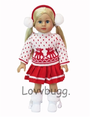 White Reindeers Sweater and Red Skirt Set for 18 inch American Girl or Baby Winter Doll Clothes