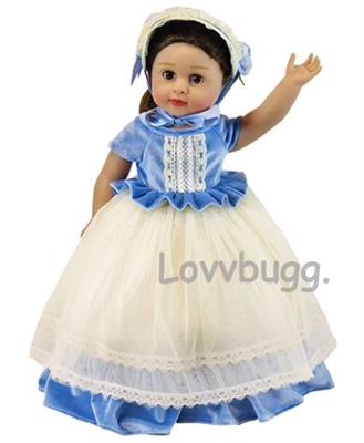 Blue Velvet and Lace Colonial Gown Bonnet for American Girl 18 inch Doll Clothes
