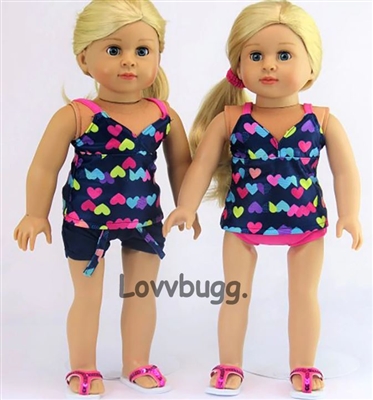 Heart Swimsuit Shorts Set 3pc 15 to 18 inch American Girl or Baby Doll Clothes