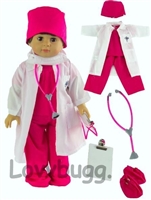 Hot Pink Doctor Scrubs 8pc Set Costume for American Girl 18 inch Doll Clothes