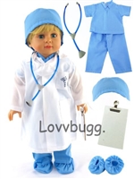 Complete Blue Scrubs 8pc Set with Lab Coat and Accessories Nurse Doctor Medical Costume for American Girl or Boy 18 inch Doll Clothes