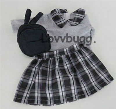 Plaid Skirt with Navy Blue Backpack