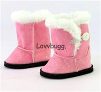 Pink Sparkle Micro Glitter Furry Uggly Button Boots for American Girl 18 inch or Bitty Baby Born Doll Shoes Accessory