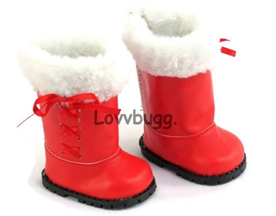 Red Boots with Fur and Ribbon Laced Trim for American Girl 18 inch Santa Doll Shoes