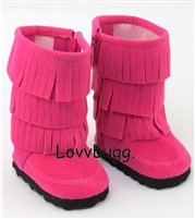 Tall Hot Pink Triple Fringe Moccasins Boots for American Girl 18 inch, Boy or Bitty Baby Born Native Doll Shoes Accessory
