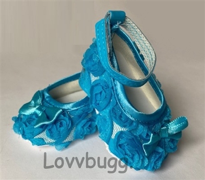 Blue 3D Roses Ankle Straps for American Girl or 18 inch or Baby Doll Shoes