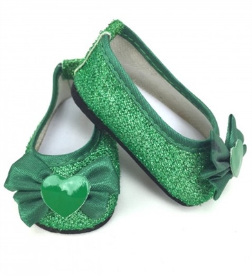 Green Heart Glitter Shoes Glisten Flats for 18 inch American Girl or Baby Doll