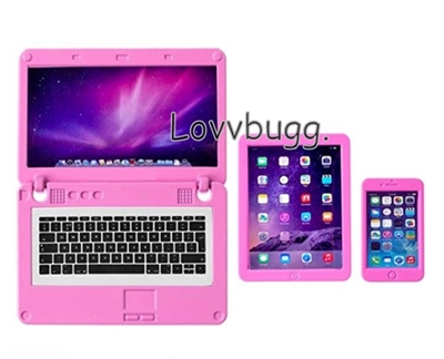 Pink Laptop Computer Tablet Phone Set  for 18 inch American Girl Doll Accessory