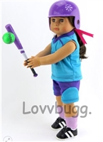 Purple Baseball Uniform Bat with Green Ball for American Girl or Boy 18 inch or Bitty Baby Born Doll Clothes Accessory