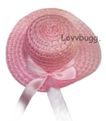 Medium Pink Straw Hat with Bow for American Girl or Baby Doll Clothes Accessory