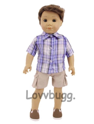 Cargo Shorts and Blue Plaid Shirt for American Girl or Boy 18 inch or Bitty Baby Born Doll Clothes