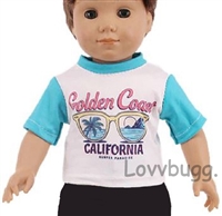 California Gold Coast Tourist Surfer T Shirt for American Girl or Boy 18 inch or Bitty Baby Born Doll Clothes