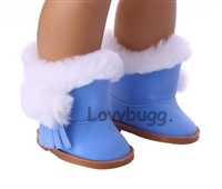 Blue Furry Fringe Pom Pom Boots for American Girl or Boy Logan 18 inch and Bitty Baby Born Doll Shoes